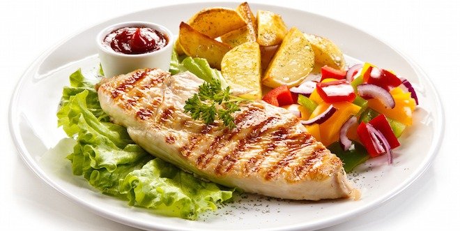 Grilled chicken breast with potatoes and vegetables salad plate method