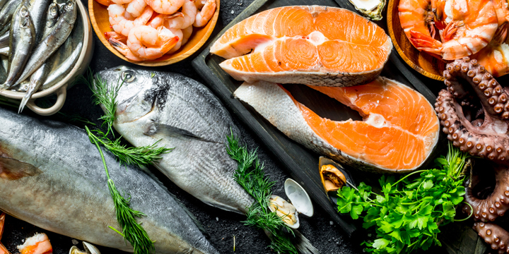 Fresh salmon steak with a variety of seafood and herbs.
