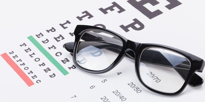 Table for eyesight test with neat glasses over it diabetes complications