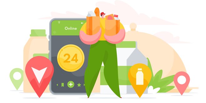 Male courier carrying fresh groceries. Flat vector illustration Vector illustration of man in courier uniform carrying paper bags with fresh groceries from shop while working for online delivery service