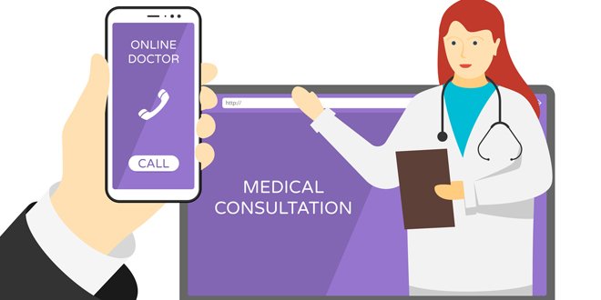Online medicine consultation support. Doctor therapist woman with stethoscope on laptop screen and hand with smartphone medical mobile app. Vector illustration internet consulting hospital service Online medical services