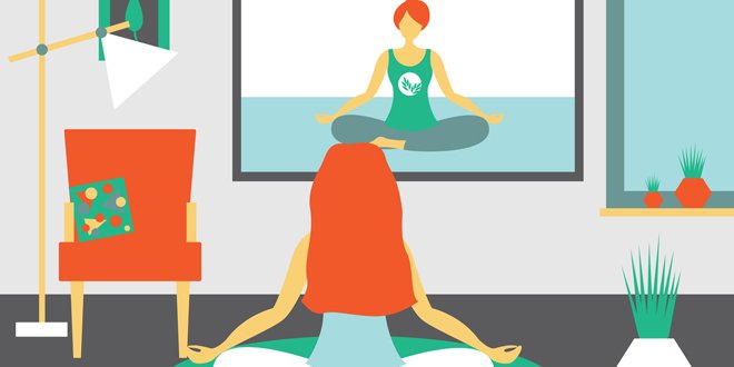 girl doing yoga sitting in lotus position at home. The girl meditates. Girl Watching Yoga Classes Online On TV. On-line translation. Modern flat design concept of yoga. Bright vector illustration. meditation