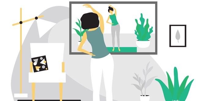 girl doing fitness at home in online classes. The girl meditates. Girl Watching fitness Classes Online On TV. On-line translation. Modern flat design concept of fitness. Bright vector illustration. Online fitness