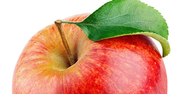 Red apple fruit with green leaf isolated on white apple