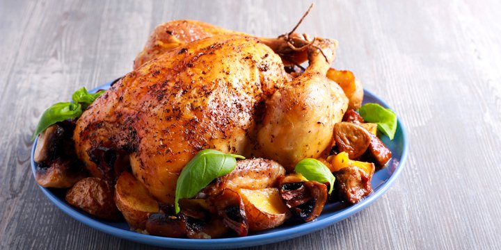Roast chicken with potato and mushrooms chicken dinner