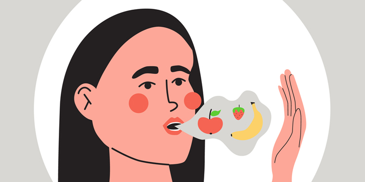 Woman with fruity smelling bteath, diabetes symptom. Flat vector iluustration