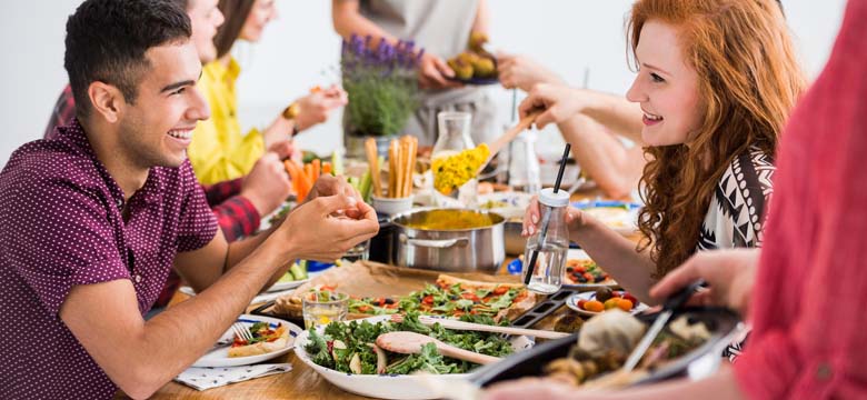 Friends meeting with vegan catering, dining out with friends